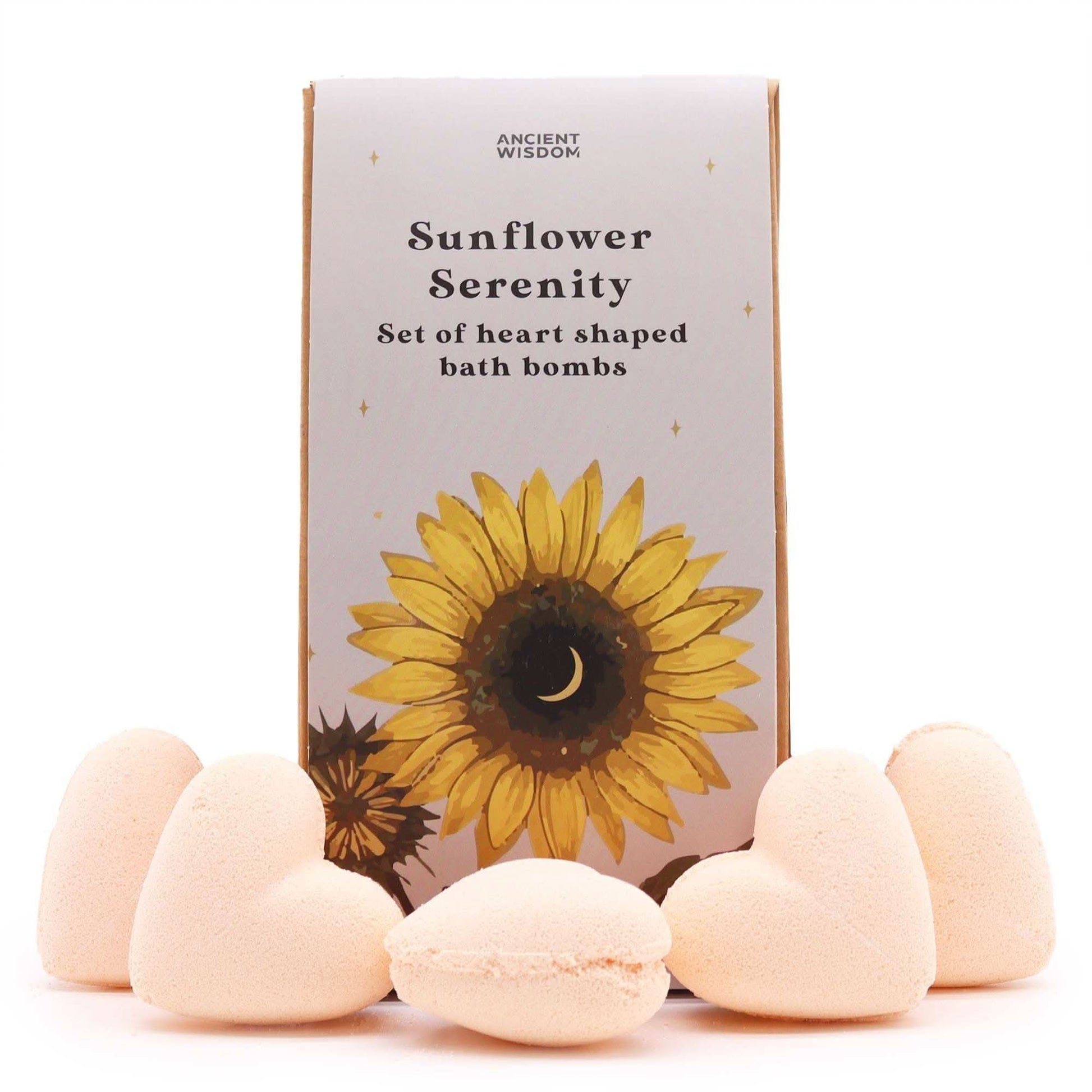 Sunflower Serenity Bath Heart Gift Set with heart-shaped bath bombs in tropical packaging