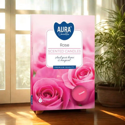 Rose Set of 6 Scented Tealights in pink packaging with rose imagery, perfect for home ambiance and relaxation