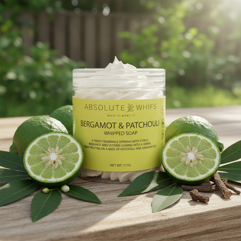 Bergamot and Patchouli whipped soap in a transparent jar with bright green label, creamy white whipped texture, and fresh green bergamot fruit halves with leaves