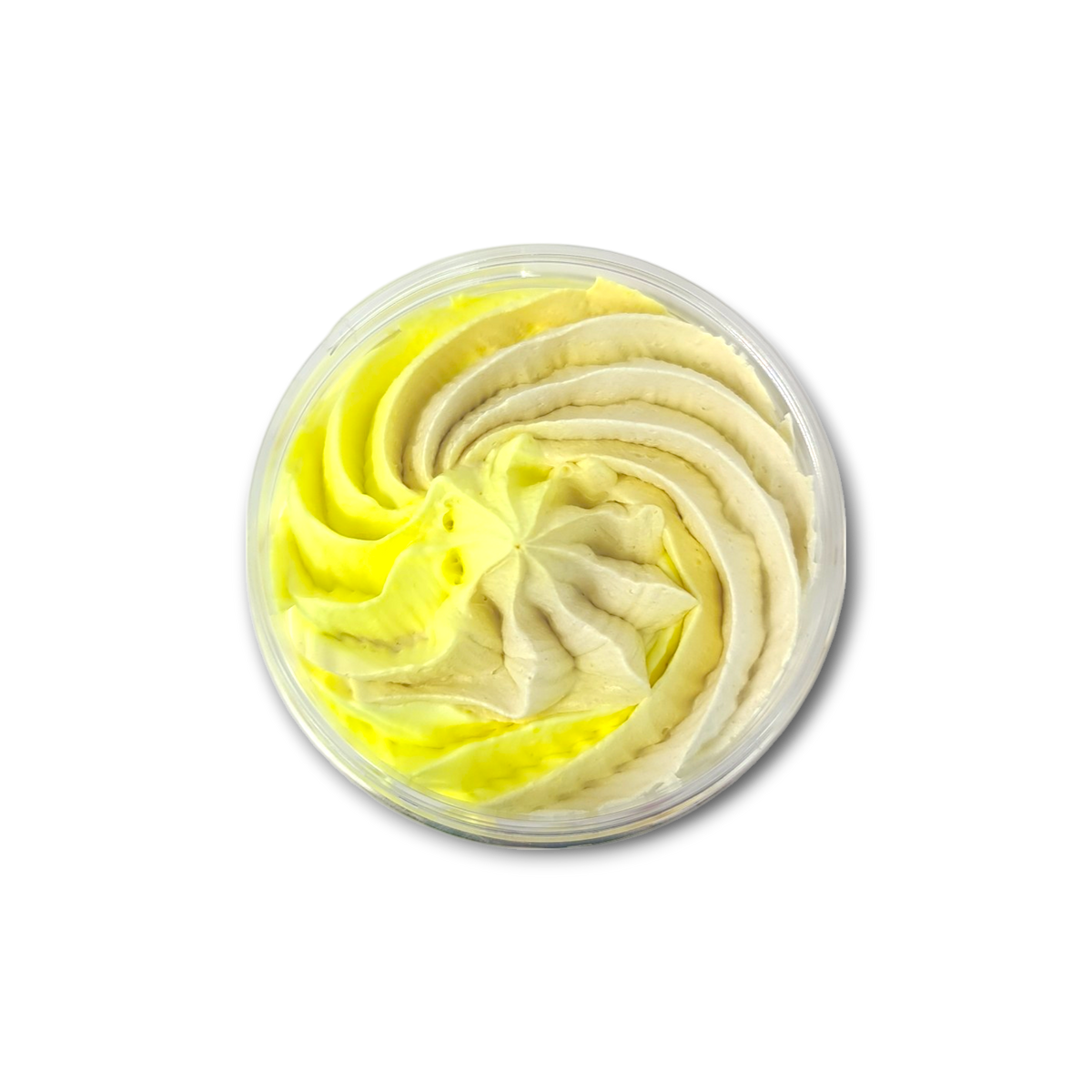 Bergamot and Patchouli whipped soap with a swirled yellow and cream fluffy texture in a round clear container