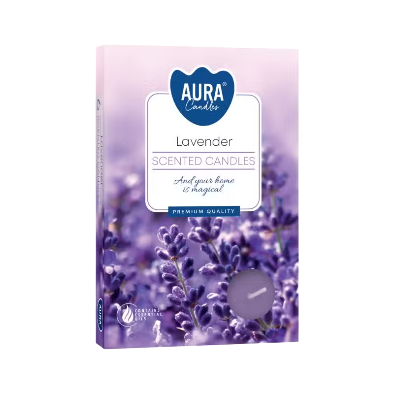 Lavender Set of 6 Scented Tealights in purple floral packaging for home fragrance and relaxation