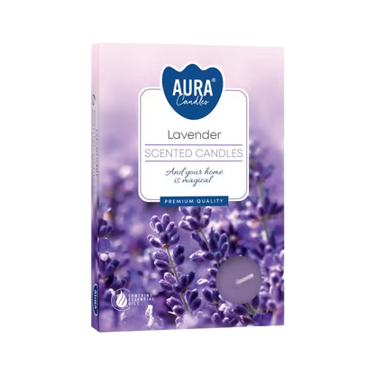Lavender Set of 6 Scented Tealights in purple floral packaging for home fragrance and relaxation