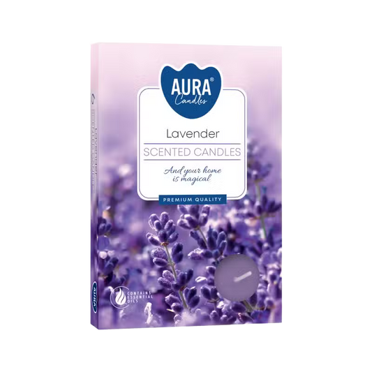 Lavender Set of 6 Scented Tealights in purple floral packaging for home fragrance and relaxation