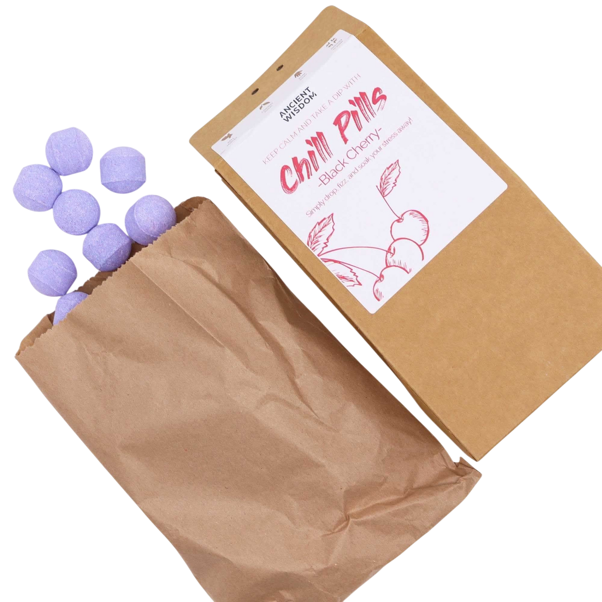 Black Cherry Chill Pills Gift Pack 350g in kraft paper packaging with purple handmade cherry-scented bath pills