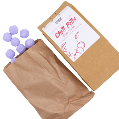 Black Cherry Chill Pills Gift Pack 350g in kraft paper packaging with purple handmade cherry-scented bath pills