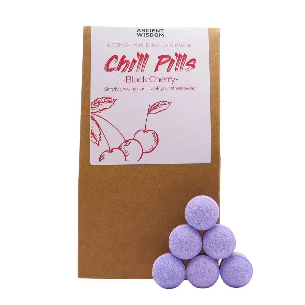 Black Cherry Chill Pills Gift Pack 350g in brown packaging with purple cherry-scented bath pills and cherry artwork