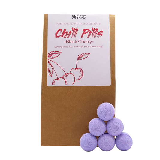Black Cherry Chill Pills Gift Pack 350g in brown packaging with purple cherry-scented bath pills and cherry artwork