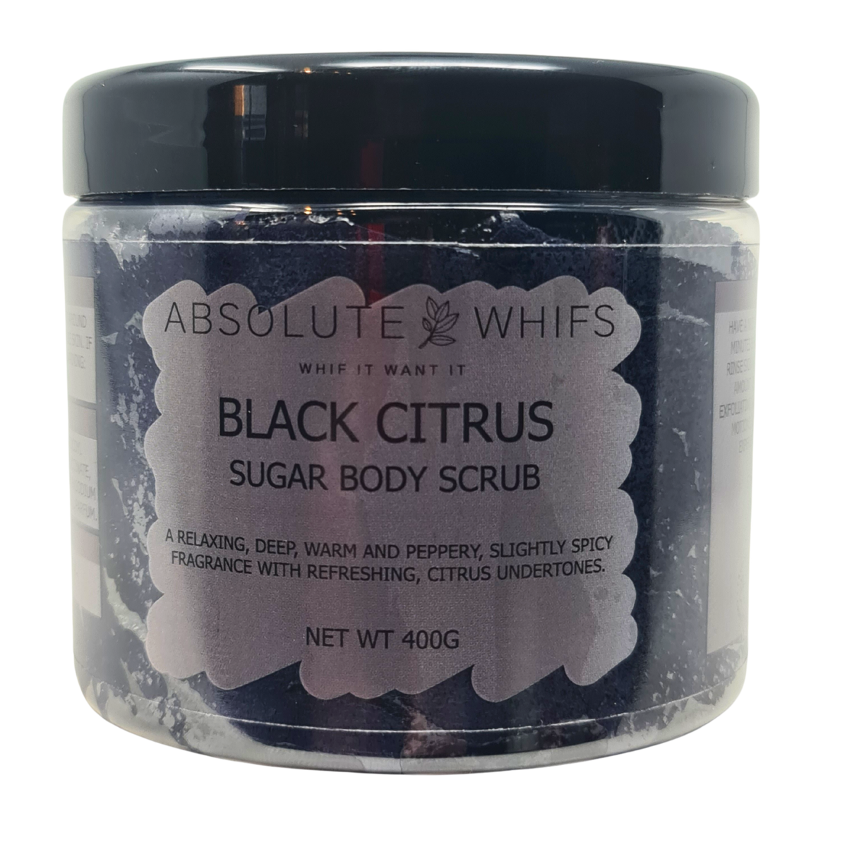 Black Citrus Sugar Body Scrub in a clear plastic jar with a black lid, showing dark granular sugar scrub inside and a label with product details
