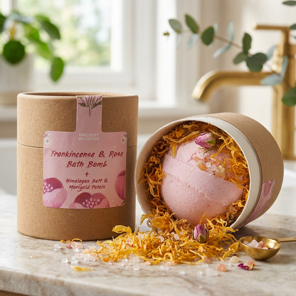 Blooming Pink Bliss Aromatherapy Bath Collection with pink rose bath bomb, Himalayan salt and marigold petals