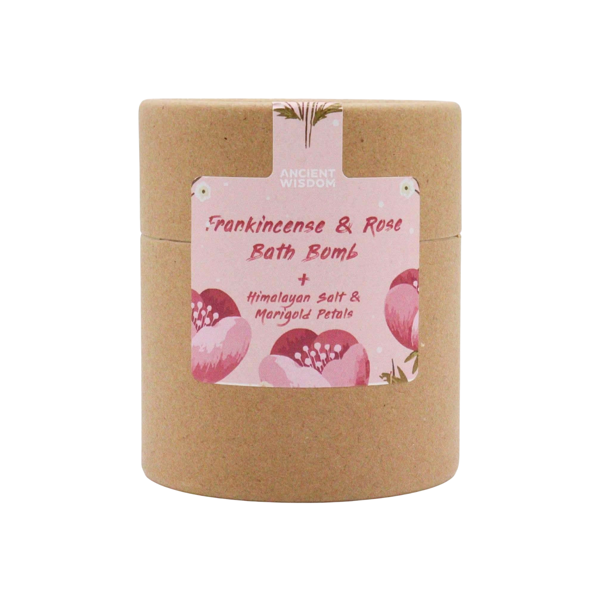 Blooming Pink Bliss Aromatherapy Bath Collection in a kraft paper tub with pink floral label and lid ribbon