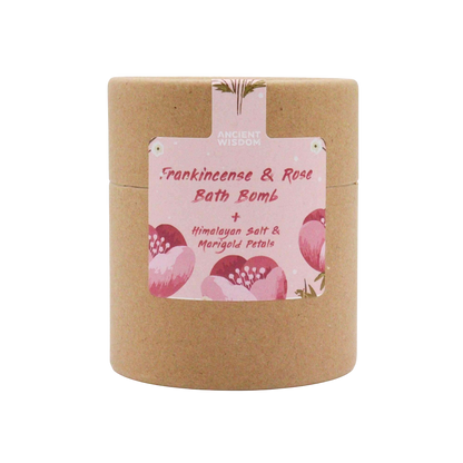 Blooming Pink Bliss Aromatherapy Bath Collection in a kraft paper tub with pink floral label and lid ribbon