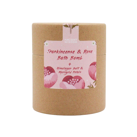 Blooming Pink Bliss Aromatherapy Bath Collection in a kraft paper tub with pink floral label and lid ribbon