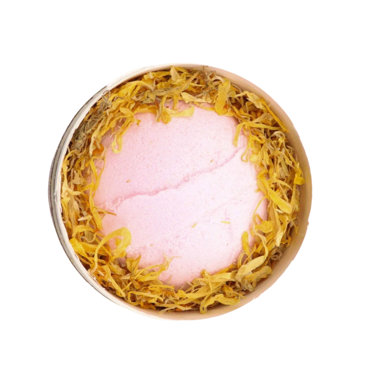 Blooming Pink Bliss Aromatherapy Bath Collection with pink bath bomb and yellow marigold petals