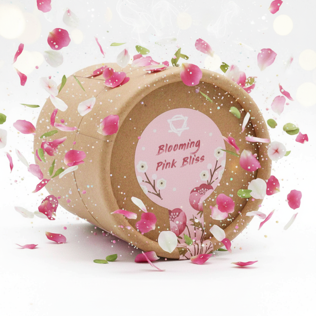 Blooming Pink Bliss Aromatherapy Bath Collection in a round kraft box with pink floral label and petal artwork