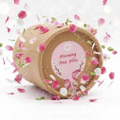 Blooming Pink Bliss Aromatherapy Bath Collection in a round kraft box with pink floral label and petal artwork