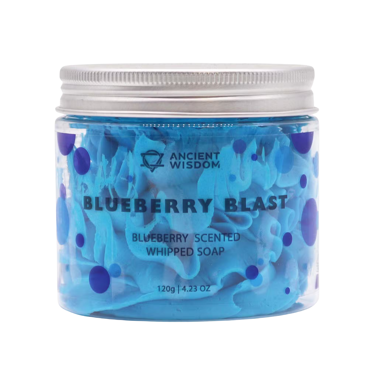 Blueberry Whipped Soap in a blue jar with blueberry pattern, white lid, and whipped soap label