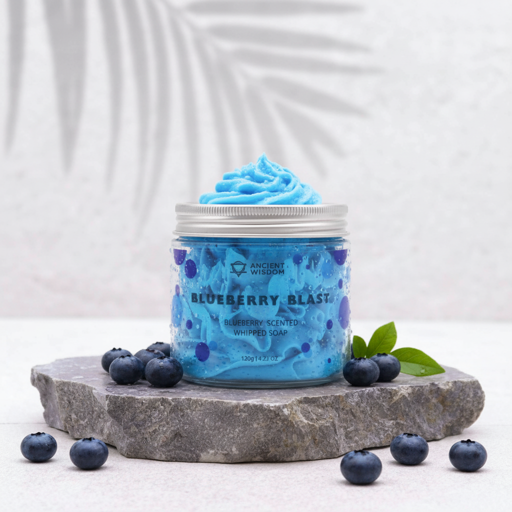 Blueberry Whipped Soap in a clear jar with bright blue whipped texture, blueberry pattern and fresh blueberries