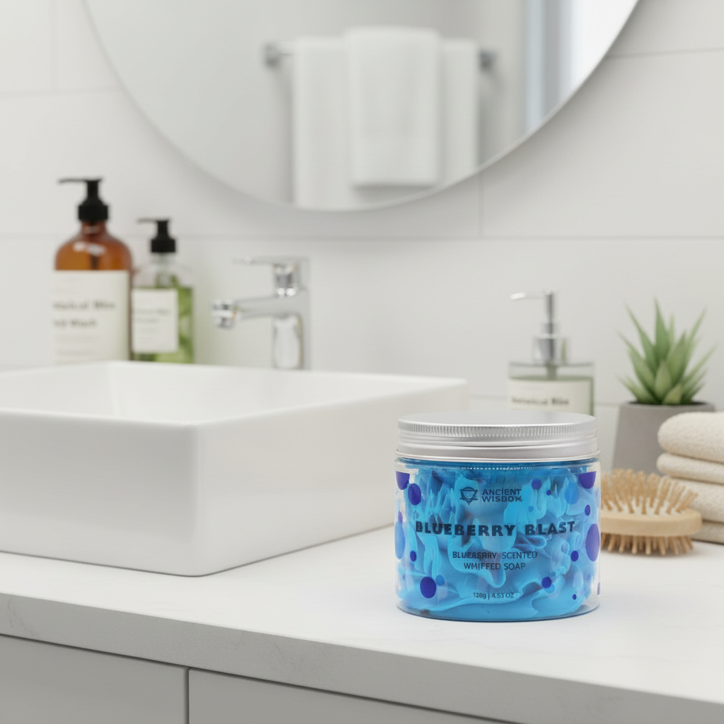 Blueberry Whipped Soap in a clear jar with bright blue blueberry pattern and whipped soap label