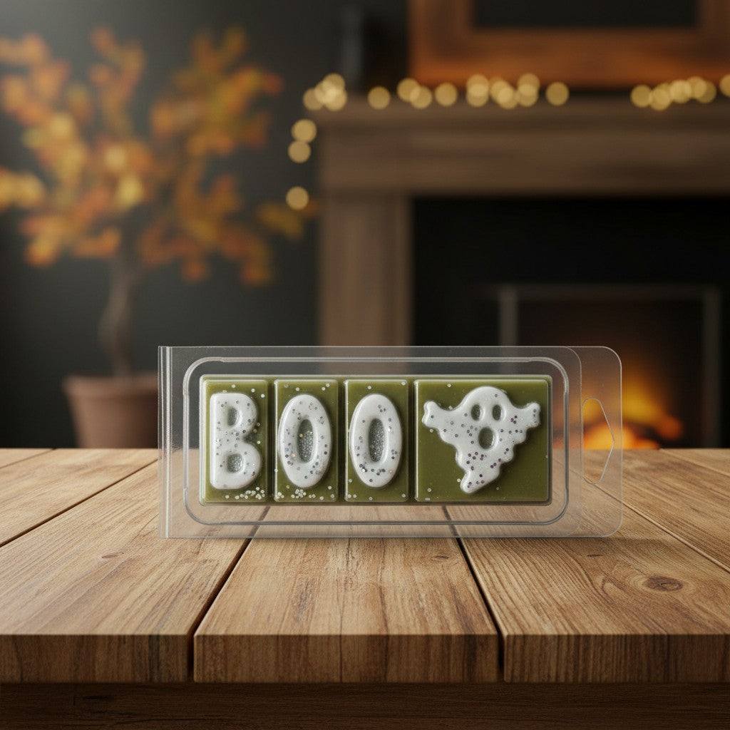 Boo cinnamon orange clamshell wax melt with spicy citrus scent