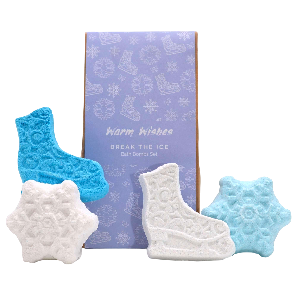 Break the Ice Christmas Bath Bomb Gift Pack with blue and white bath bombs shaped like ice skates and snowflakes in festive packaging