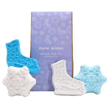 Break the Ice Christmas Bath Bomb Gift Pack with blue and white bath bombs shaped like ice skates and snowflakes in festive packaging