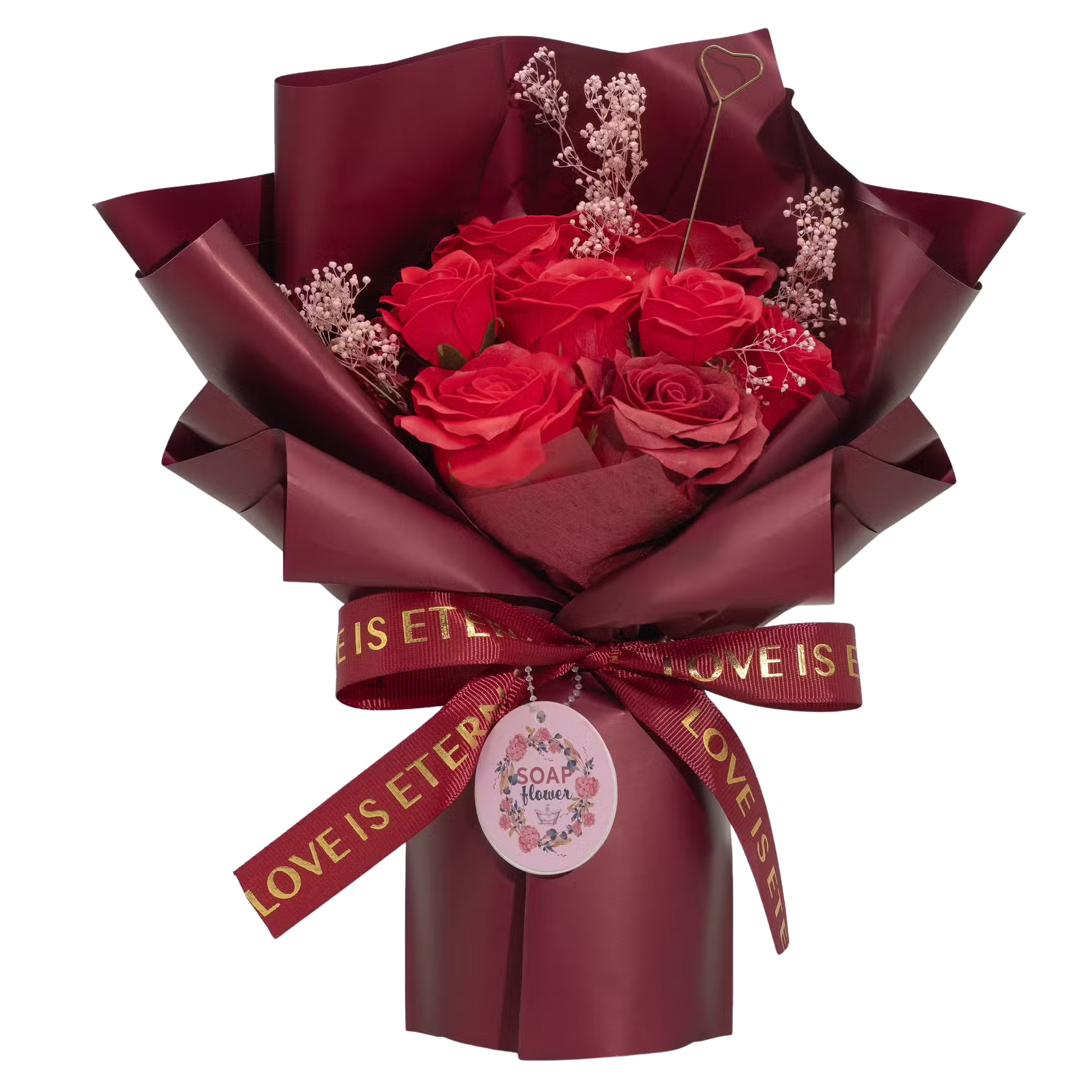 Large red roses bouquet with wine-hued wrapping and "Love is Eternal" ribbon, including gift card and gold heart holder