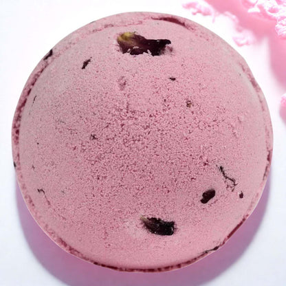 Pink Rose & Petals Bath Bomb with visible dried rose petals for luxury bath care