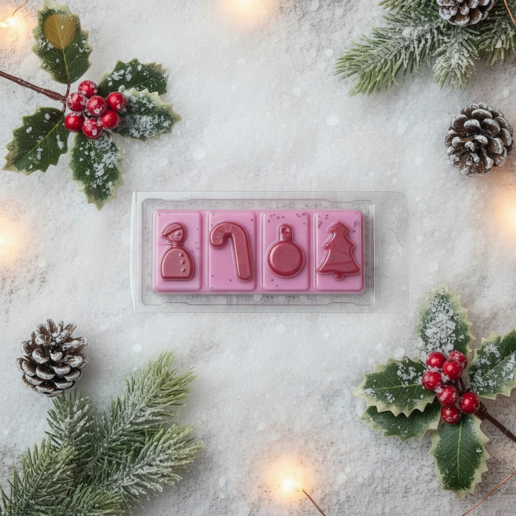 Candy Cane Wax Melt Snap Bar with pink wax and festive shapes including a candy cane, snowman, ornament, and Christmas tree