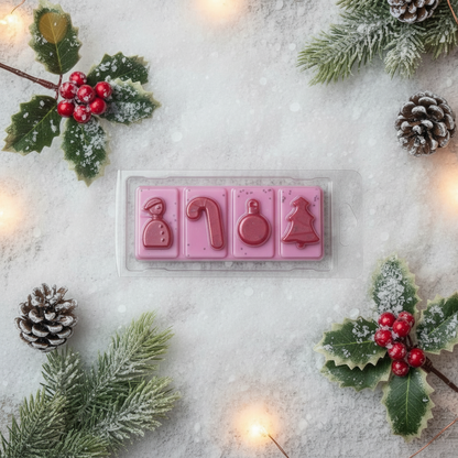 Candy Cane Wax Melt Snap Bar with pink wax and festive shapes including a candy cane, snowman, ornament, and Christmas tree