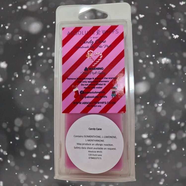 Candy Cane Wax Melt Snap Bar in pink with red and white striped packaging featuring candy cane graphics and product warnings