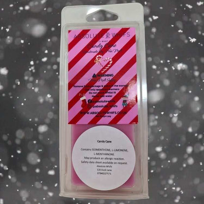 Candy Cane Wax Melt Snap Bar in pink with red and white striped packaging featuring candy cane graphics and product warnings