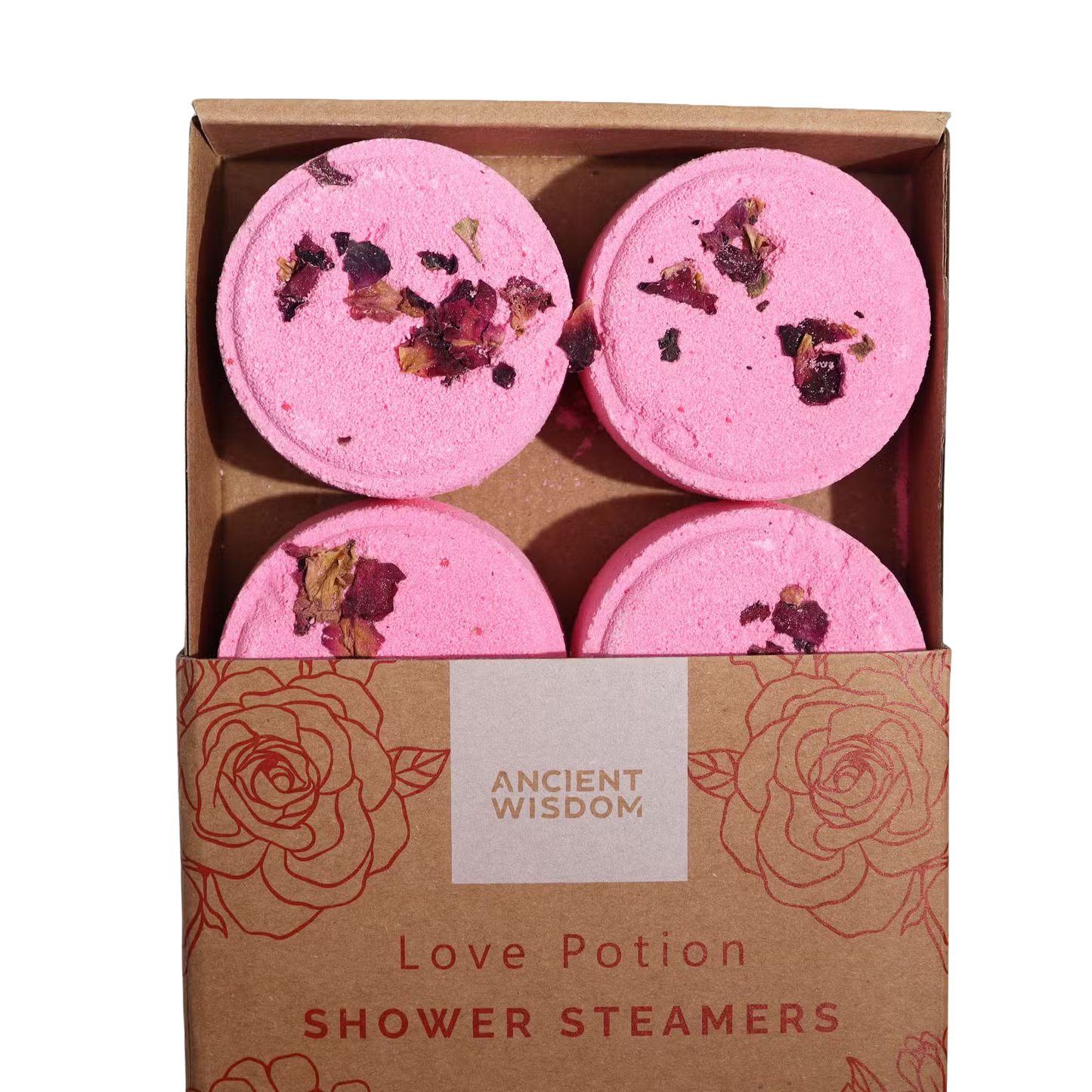 Zen Shower Steamers Love Potion gift set with rose petals and essential oils in a cardboard box