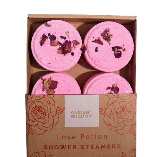 Zen Shower Steamers Love Potion gift set with rose petals and essential oils in a cardboard box