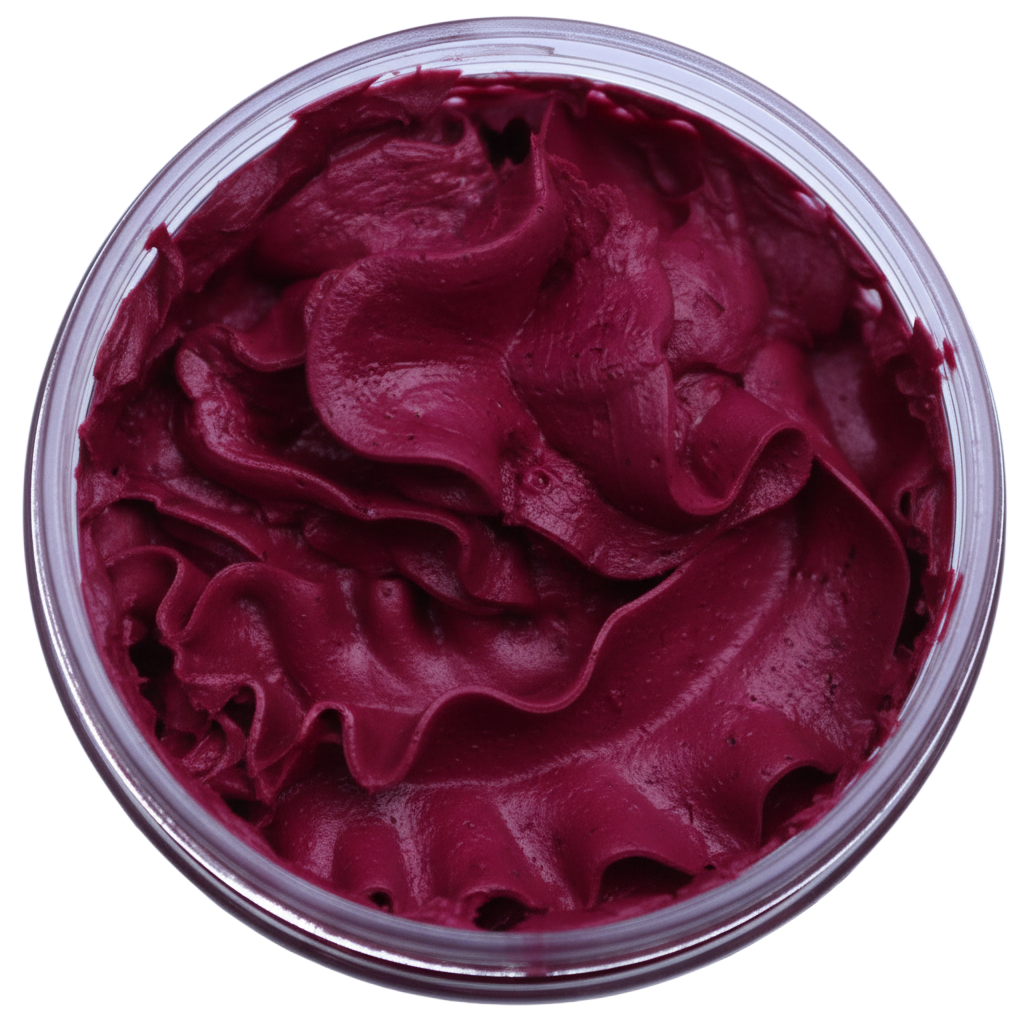 Cherry Whipped Soap in a clear jar, featuring rich burgundy-red whipped texture with sculpted swirls