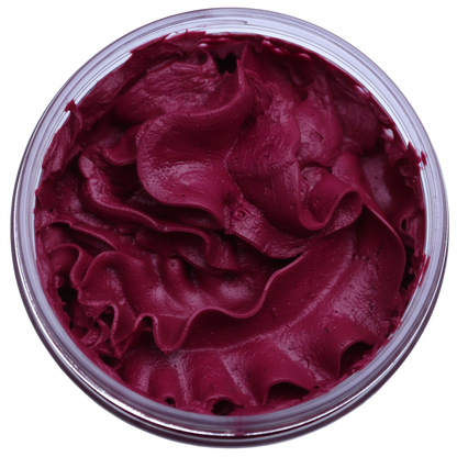 Cherry Whipped Soap in a clear jar, featuring rich burgundy-red whipped texture with sculpted swirls