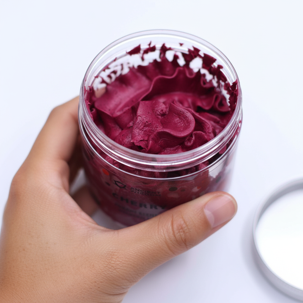 Cherry Whipped Soap in a clear jar with rich burgundy whipped swirls and a creamy textured finish