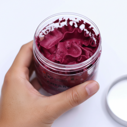 Cherry Whipped Soap in a clear jar with rich burgundy whipped swirls and a creamy textured finish
