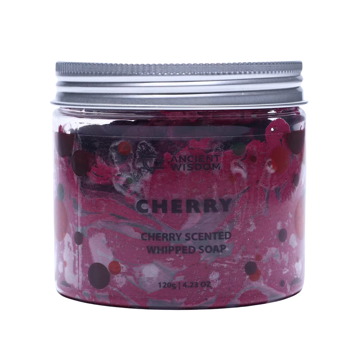 Cherry Whipped Soap in a clear 120g jar with deep red and pink swirled whipped soap and cherry-themed label