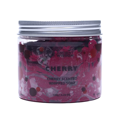 Cherry Whipped Soap in a clear 120g jar with deep red and pink swirled whipped soap and cherry-themed label