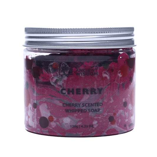 Cherry Whipped Soap in a clear 120g jar with deep red and pink swirled whipped soap and cherry-themed label