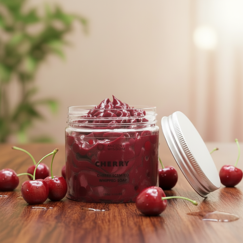 Cherry Whipped Soap in a clear jar, deep red swirled cream texture, white lid, and cherry-themed label