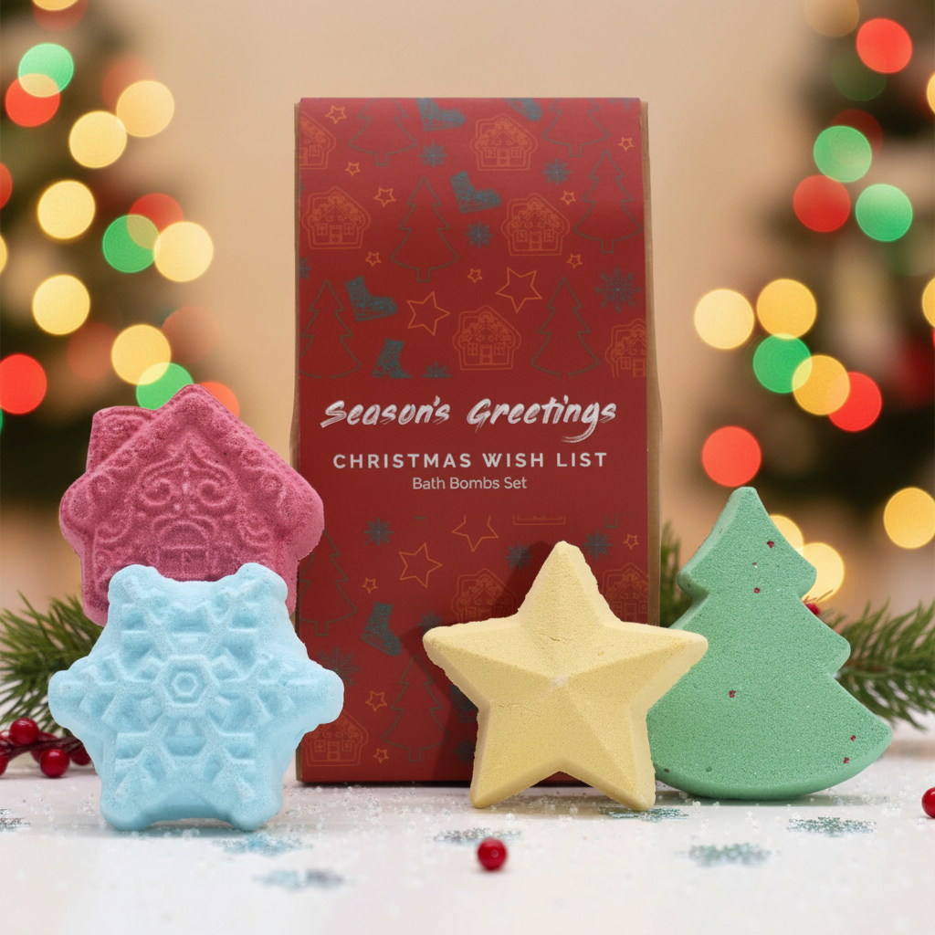 Christmas Bath Bomb Gift Pack featuring festive-shaped bath bombs in red, blue, yellow, and green against a decorative red box