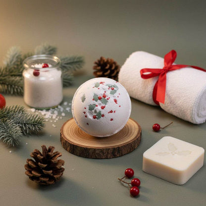 Christmas bath bomb with holly berry and mistletoe scent