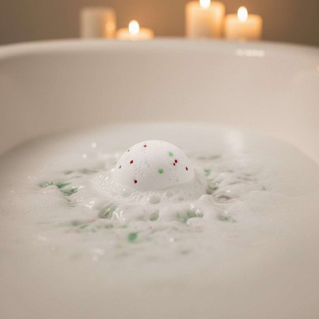 Christmas bath bomb with holly berry and mistletoe scents dissolving in bathwater