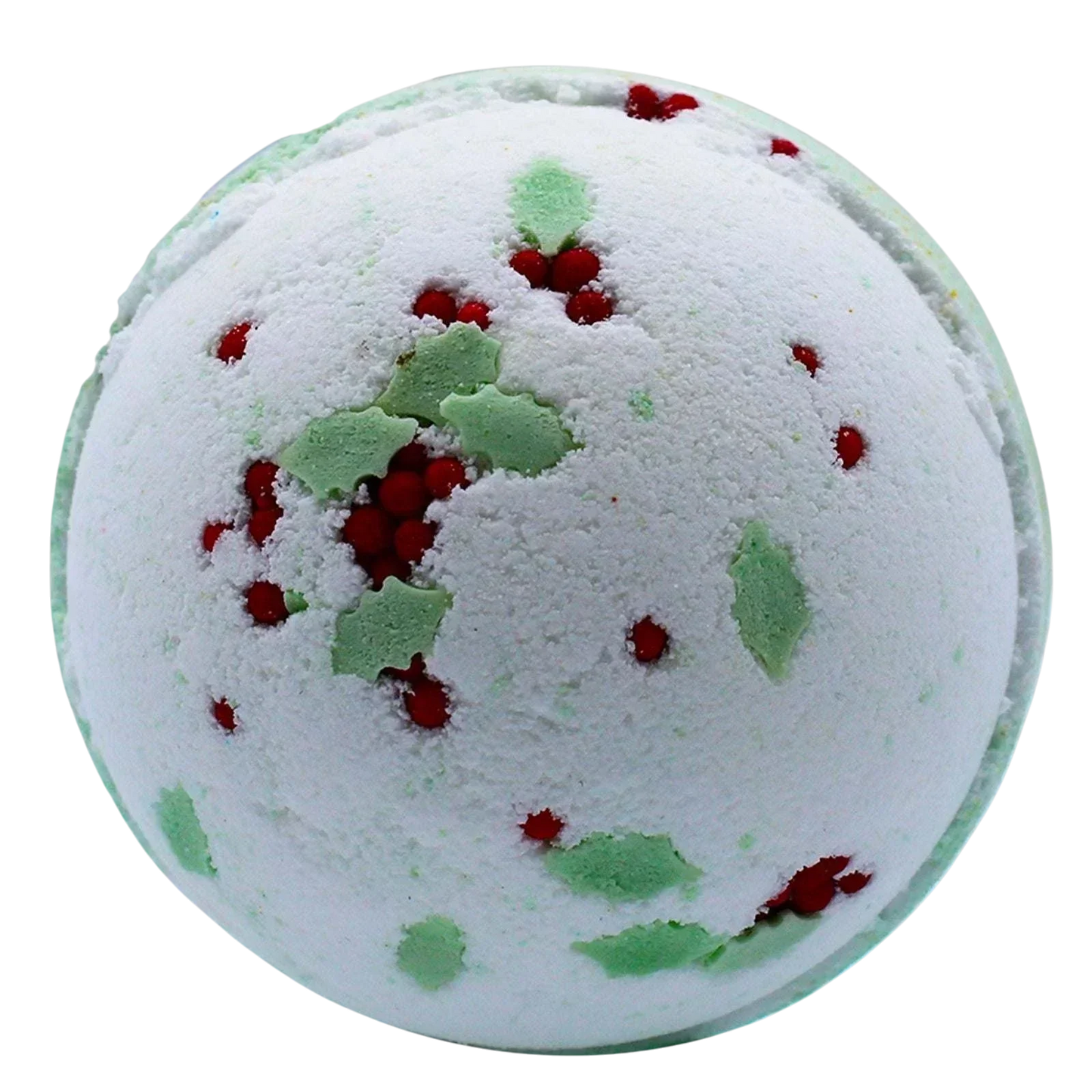 Christmas bath bomb with holly berry and mistletoe scent fizzing in water