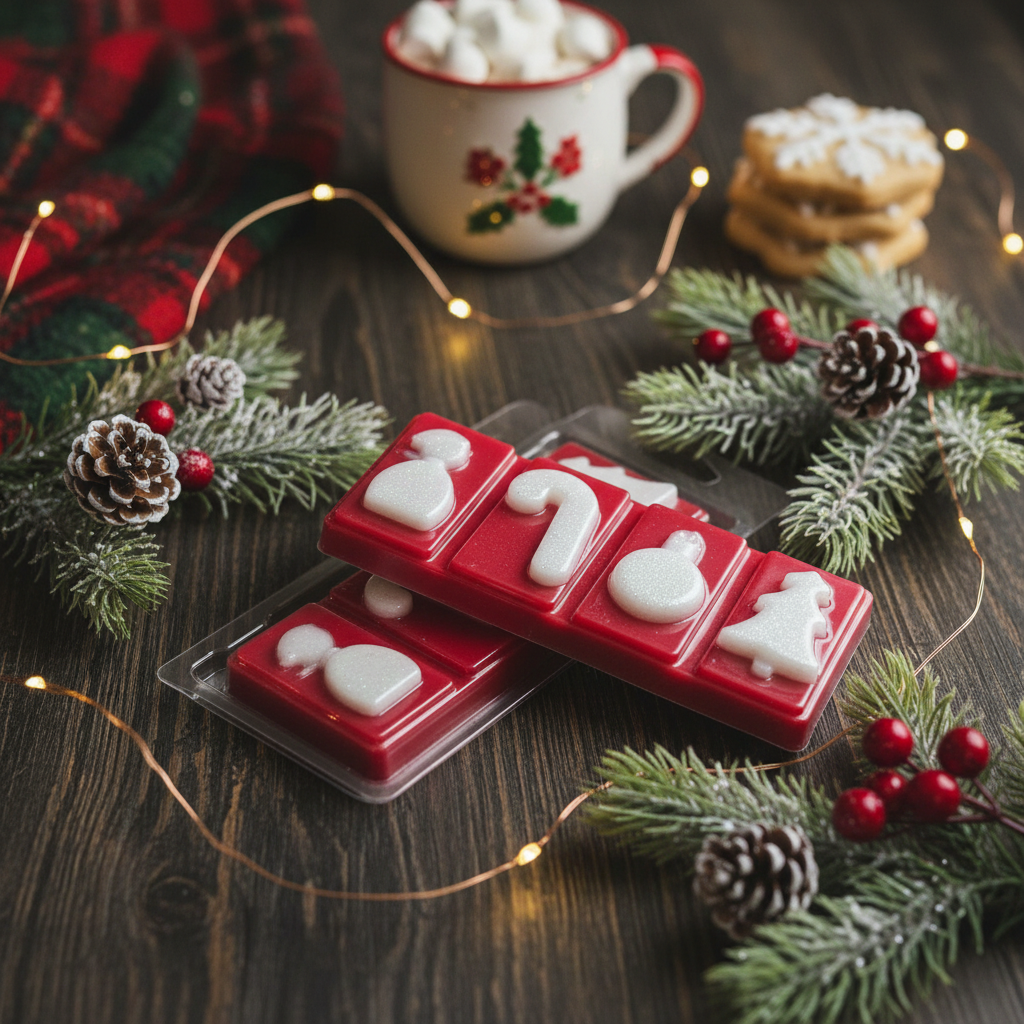 Christmas Cookie Wax Melt Snap Bar in red with white festive holiday shapes including a stocking, candy cane, ornament, and Christmas tree among pine cones and holly