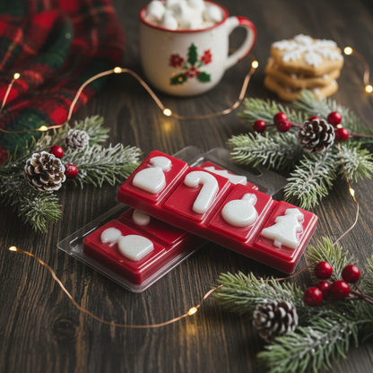 Christmas Cookie Wax Melt Snap Bar in red with white festive holiday shapes including a stocking, candy cane, ornament, and Christmas tree among pine cones and holly