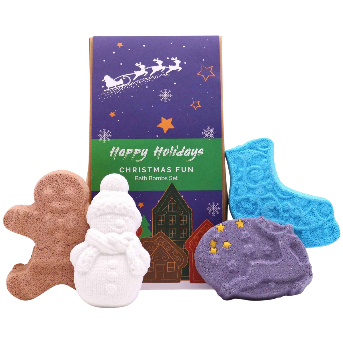 Christmas Fun Bath Bomb Gift Pack with festive shaped bath bombs including gingerbread man, snowman, crescent moon, and star in brown, white, purple, and blue colors