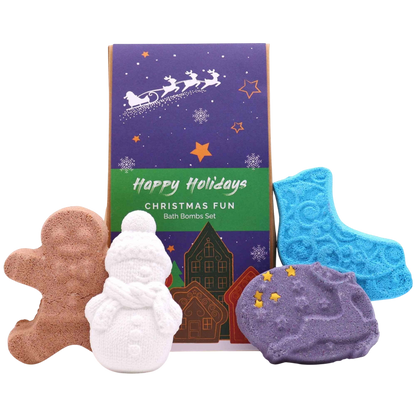 Christmas Fun Bath Bomb Gift Pack with festive shaped bath bombs including gingerbread man, snowman, crescent moon, and star in brown, white, purple, and blue colors