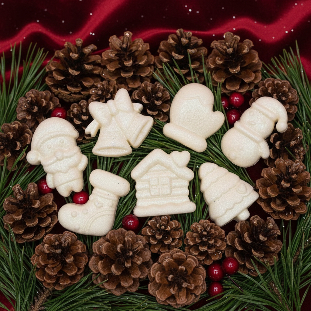 Christmas themed scented wax melts with Santa, bell, snowman, stocking, glove, cabin, and tree designs for festive home fragrance